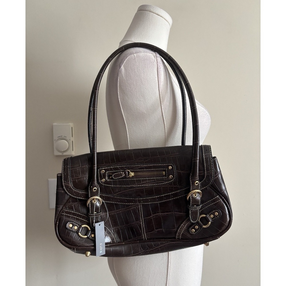 Y2K Big Buckle Brown Leather Bag Double Handle Shoulder 2000s Cute Apt 9 Zipper
